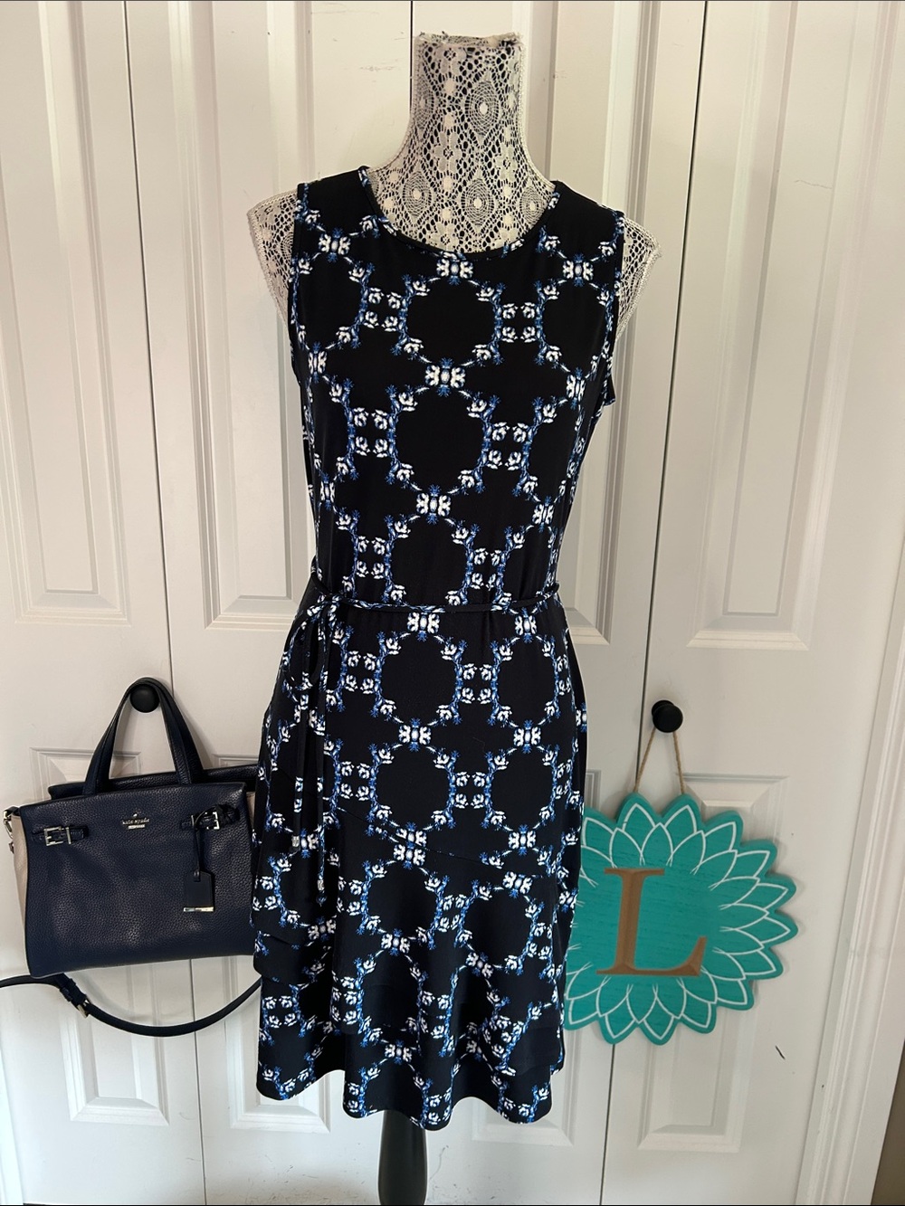 Ivanka Trump Navy Geometric Floral Ruffle Hem Midi Dress - Size Small